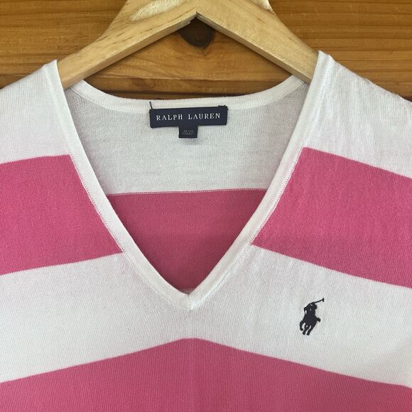 Ralph Lauren Sweater Nautical V Neck Striped Medium Magenta White 100% Cotton - Picture 2 of 4